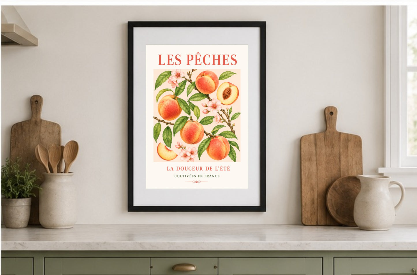 Les Pêches – Illustrated French Peach Print | French Kitchen Wall Art, Illustrated French, Botanical, French Country, Fruit Illustration, Orchard Inspired, Country Kitchen, Cottage Style, Provence Inspired wall artwork.