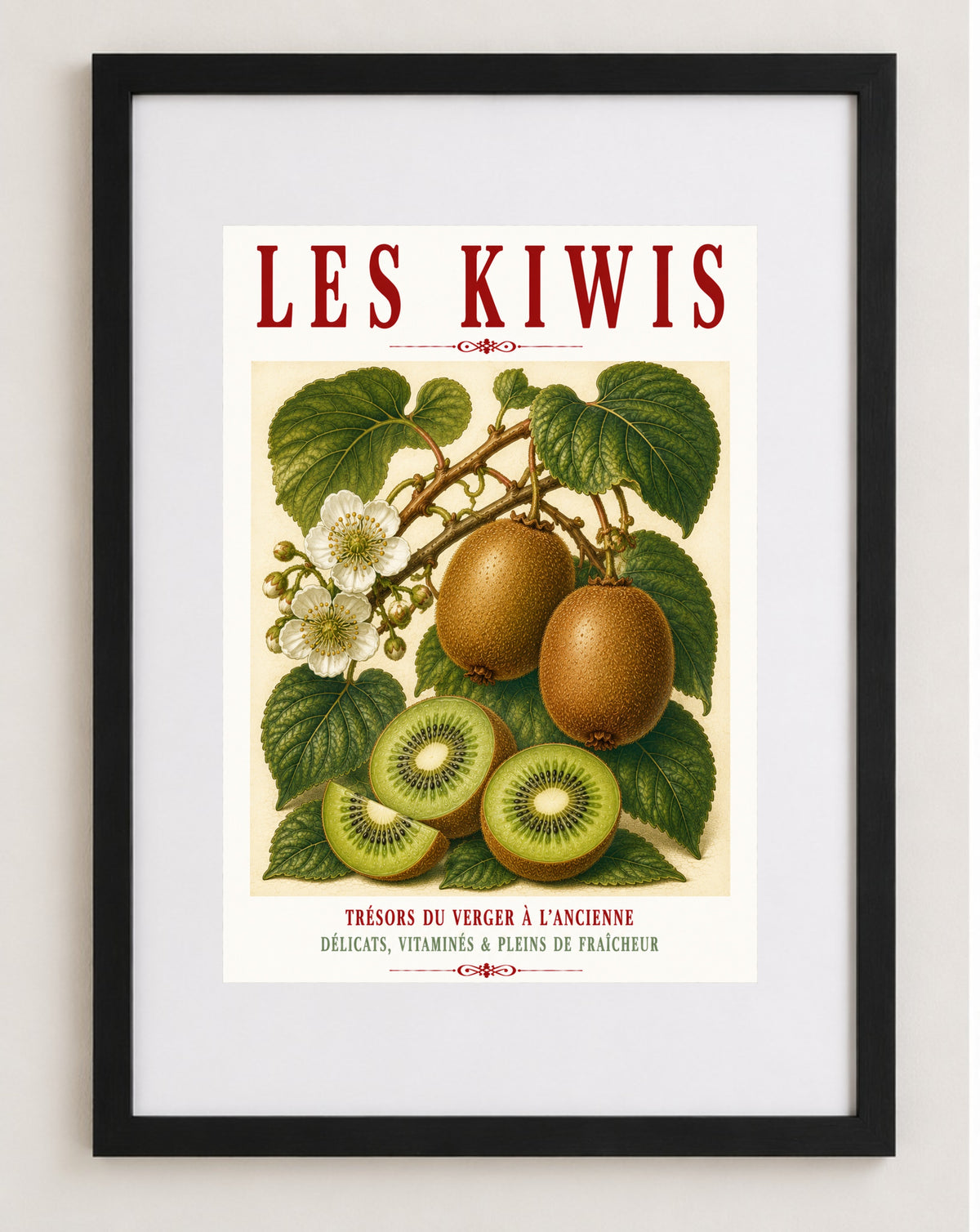 Illustrated French Kiwi Fruit Print | French Kitchen Wall Art, Illustrated French, Botanical, French Country, Fruit Illustration, Traditional Botanical, Rustic Kitchen, Country Kitchen, French Kitchen, Cottage Style, Botanical Wall Art wall artwork.