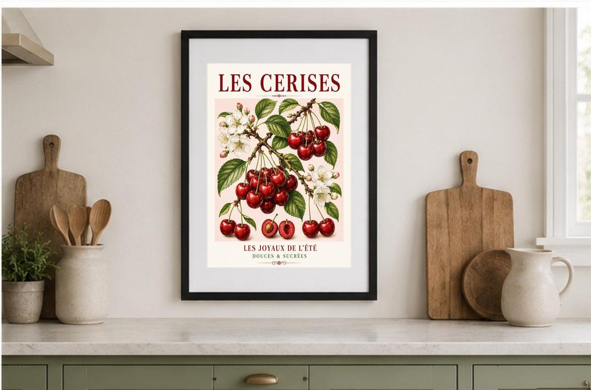 Les Cerises – Illustrated French Cherry Print | French Kitchen Wall Art, Illustrated French, Botanical, French Country, Country Kitchen, Fruit Illustration, European Kitchen, Cottage Style wall artwork.