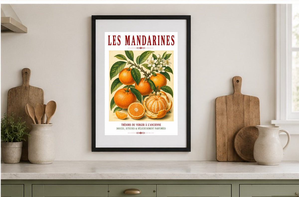 Illustrated French Mandarin Print | French Kitchen Wall Art, Illustrated French, Botanical, French Country, Mediterranean, Citrus Illustration, French Kitchen, Country Kitchen, Cottage Style, Botanical Wall Art wall artwork.