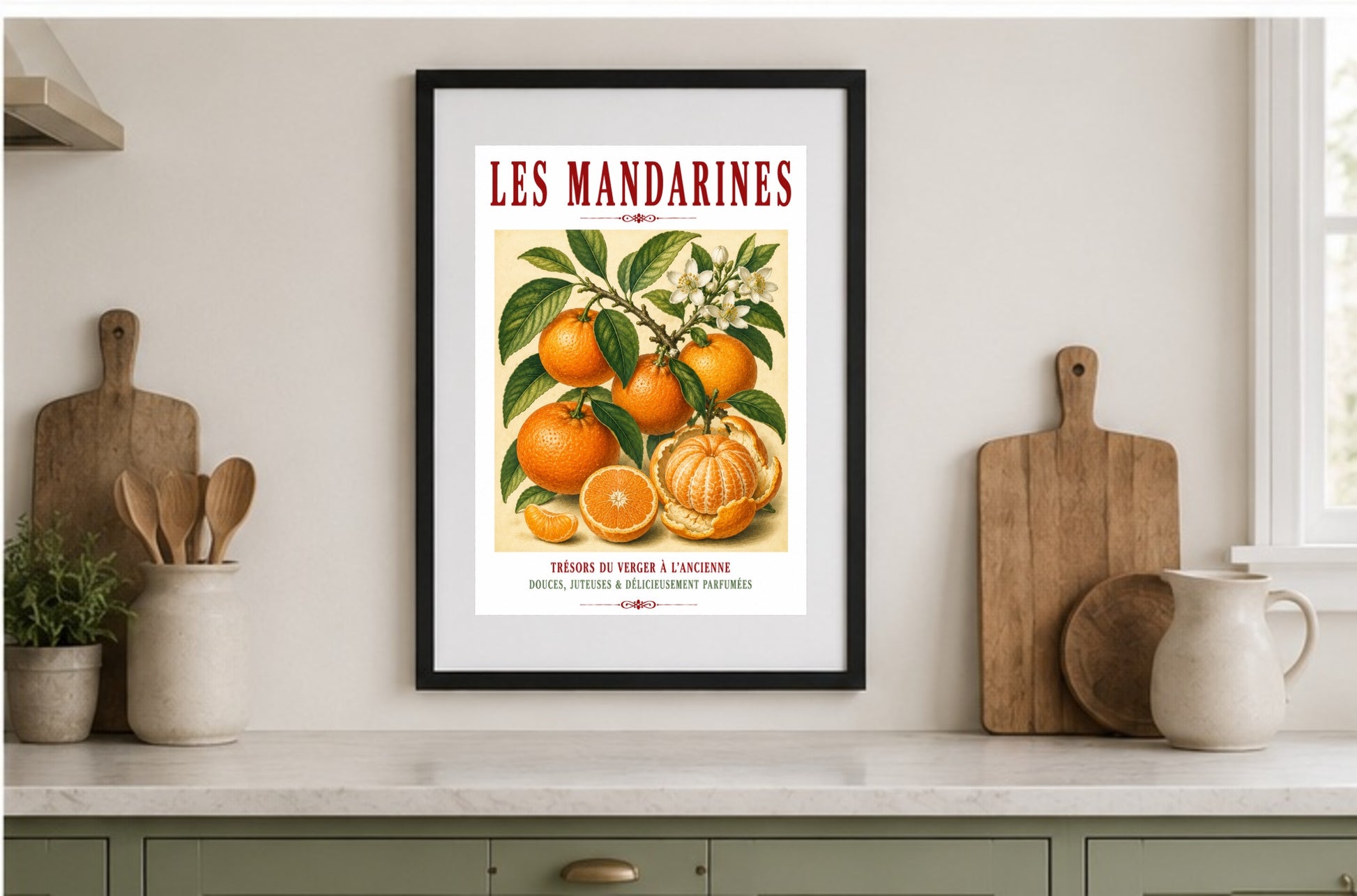 Illustrated French Mandarin Print | French Kitchen Wall Art, Illustrated French, Botanical, French Country, Mediterranean, Citrus Illustration, French Kitchen, Country Kitchen, Cottage Style, Botanical Wall Art wall artwork.