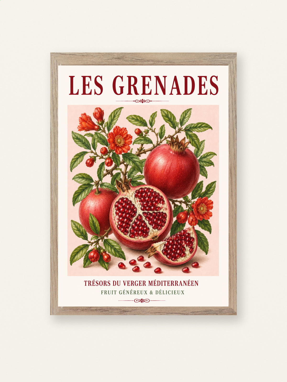 French Pomegranate Illustrated Print | French Kitchen Wall Art, Illustrated French, Botanical, Mediterranean, French Country, Fruit Illustration, Country Kitchen, French Countryside, Botanical Wall Art wall artwork.