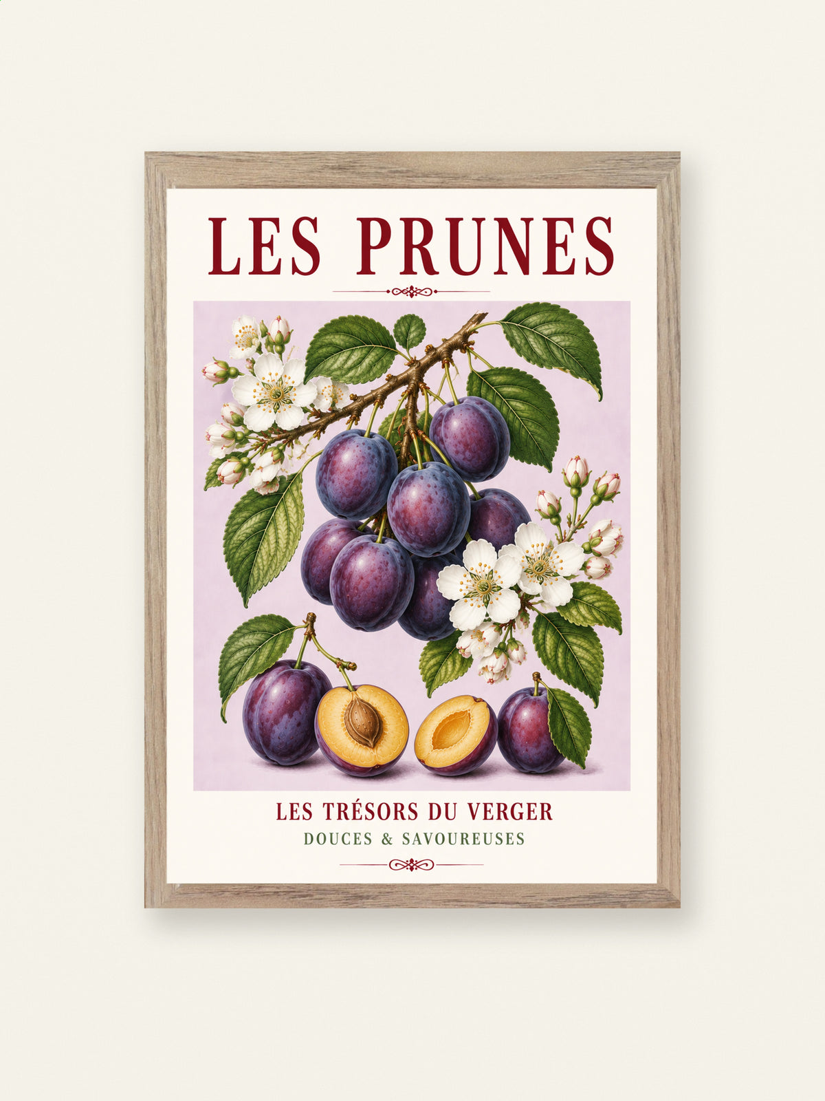 Illustrated French Plum Print - Les Prunes | French Kitchen Wall Art, Illustrated French, Botanical, French Country, Fruit Illustration, Orchard Inspired, Country Kitchen, Cottage Style, French Inspired wall artwork.