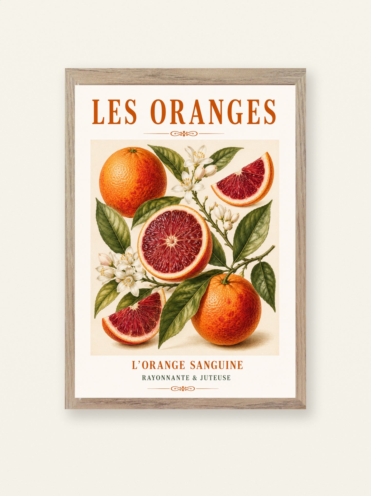 L’Orange Sanguine – Illustrated French Blood Orange Print | French Kitchen Wall Art, Illustrated French, Botanical, French Country, Mediterranean, Country Kitchen, Fruit Illustration, European Kitchen wall artwork.