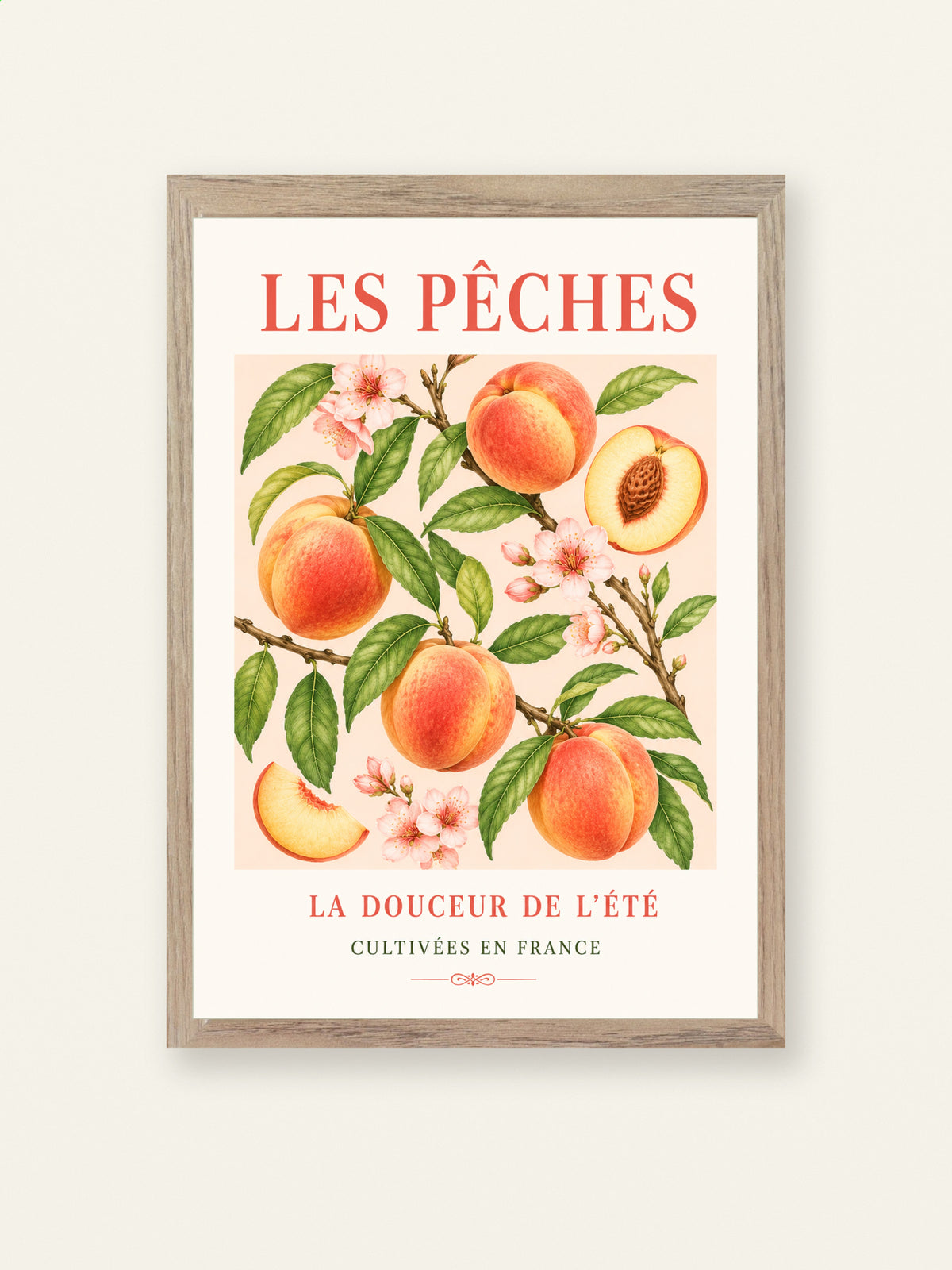 Les Pêches – Illustrated French Peach Print | French Kitchen Wall Art, Illustrated French, Botanical, French Country, Fruit Illustration, Orchard Inspired, Country Kitchen, Cottage Style, Provence Inspired wall artwork.