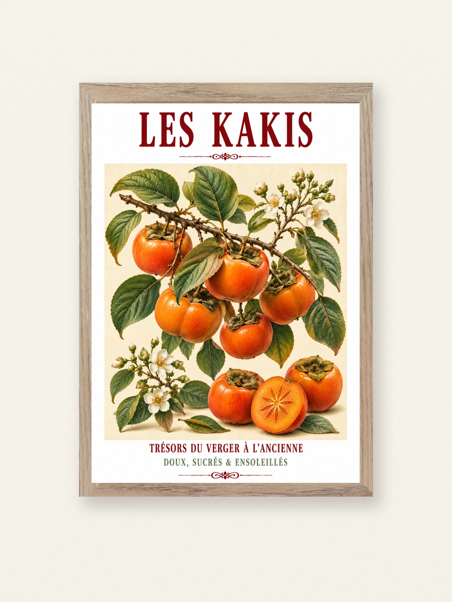 Illustrated French Persimmon (Sharon Fruit) Print | French Kitchen Wall Art, Illustrated French, Botanical, French Country, Orchard Inspired, Fruit Illustration, Mediterranean, French Kitchen, Country Kitchen, Cottage Style, Botanical Wall Art wall artwork.