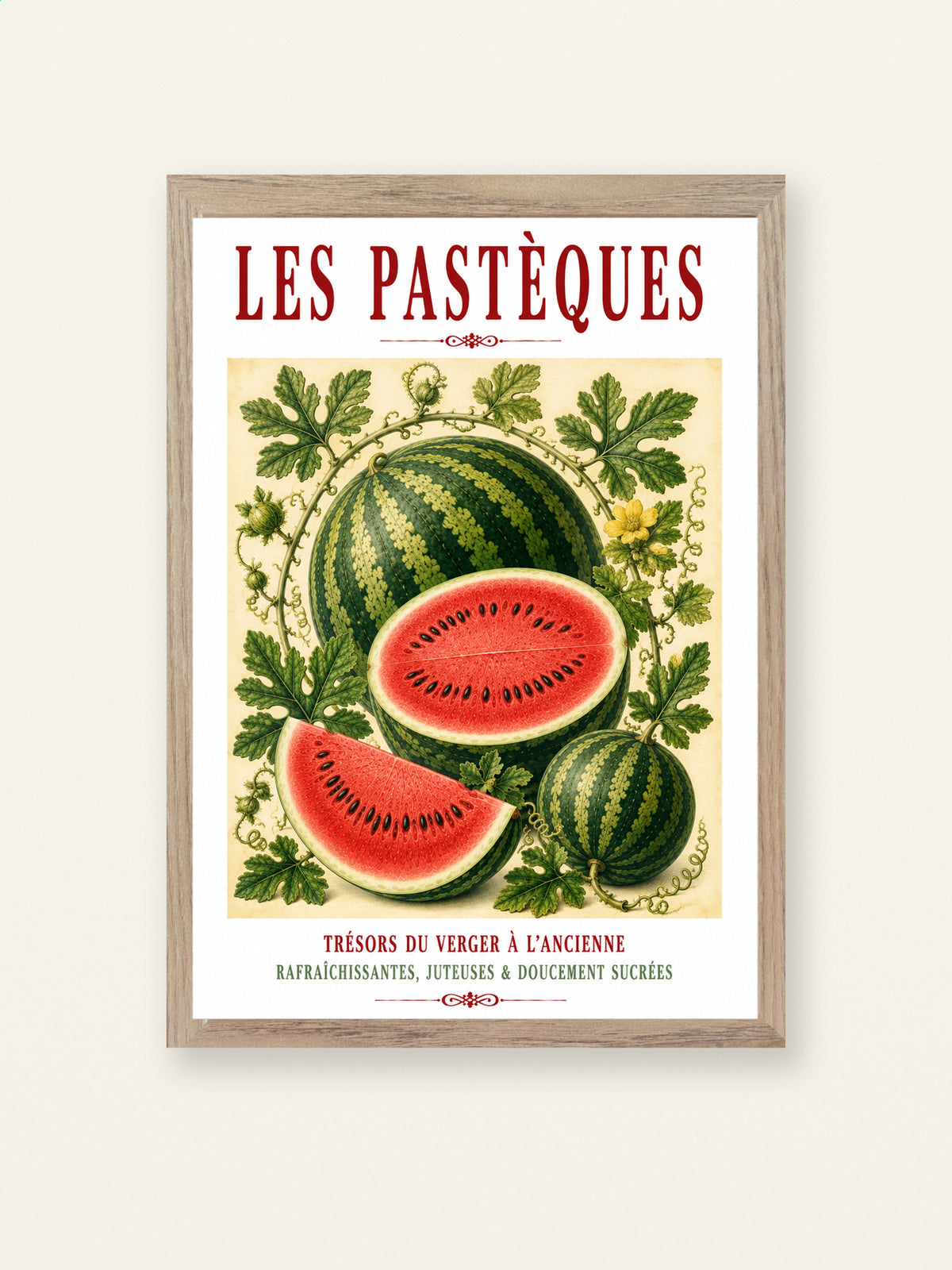 Illustrated French Watermelon Print | French Kitchen Wall Art, Illustrated French, Botanical, French Country, Mediterranean, Fruit Illustration, French Kitchen, Country Kitchen, Cottage Style, Summer Inspired, Botanical Wall Art wall artwork.