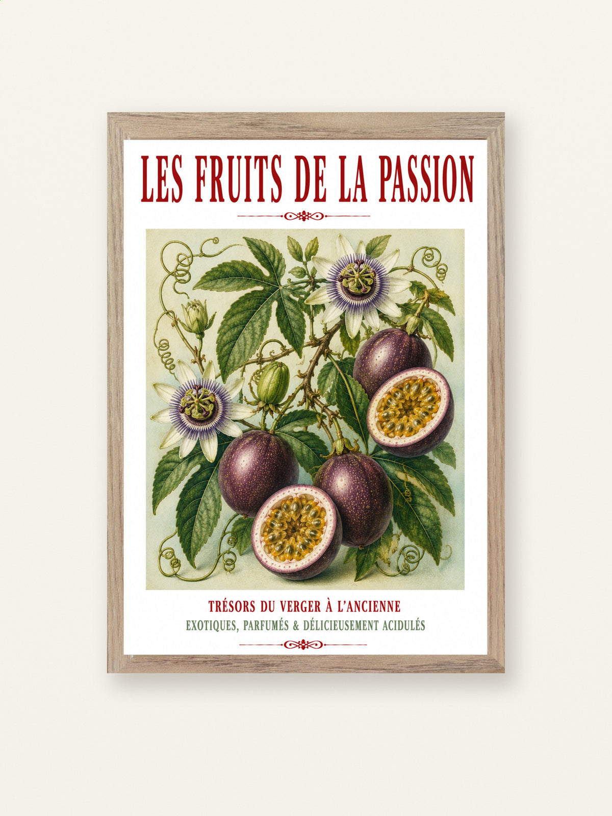 Illustrated French Passion Fruit Print | French Kitchen Wall Art, Illustrated French, Botanical, French Country, Exotic Botanical, French Kitchen, Traditional Botanical Illustration, Country Kitchen, Cottage Style, Botanical Wall Art wall artwork.