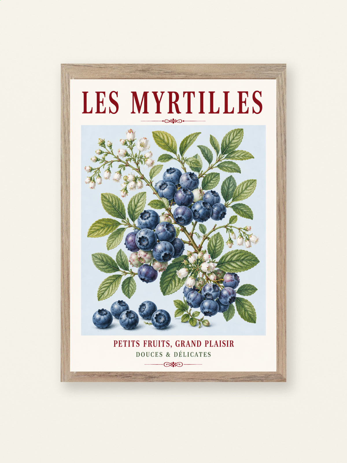 French Blueberry Print - Les Myrtilles | French Kitchen Wall Art, Illustrated French, Botanical, French Country, Fruit Illustration, Country Kitchen, French Countryside, Cottage Style, Botanical Wall Art wall artwork.
