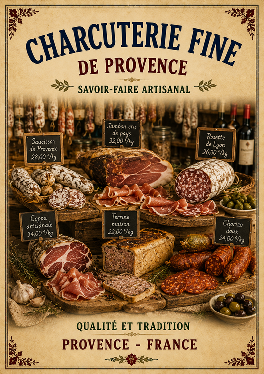 Charcuterie Fine de Provence – Vintage French Artisan Charcuterie Market, French Country
Provence
Rustic Farmhouse
Brocante
Cottagecore
Mediterranean
Country Kitchen
Rustic Chic
Vintage European
Traditional
French Provincial
Old World
Continental
Bistro Style wall artwork.