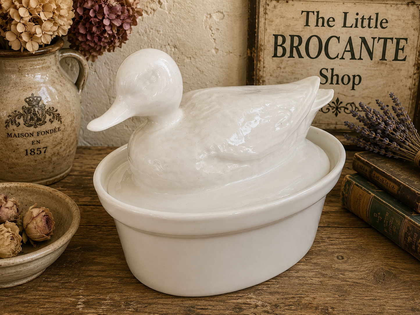 Vintage French White Duck Terrine – Ceramic Pâté Dish with Steam Vent | French Kitchenware photograph 1