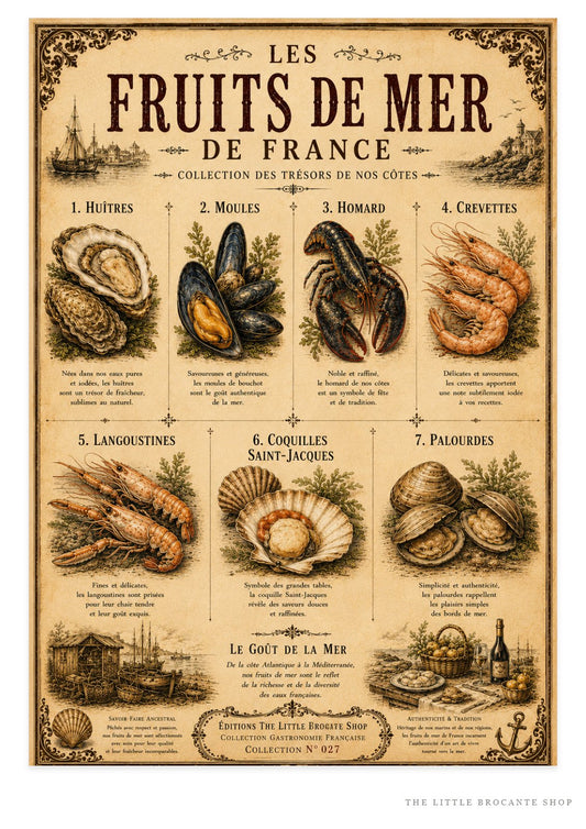 Les Fruits de Mer de France | Vintage French Seafood Collection | Coastal Kitchen Wall Art Print, French country wall artwork. – image 1