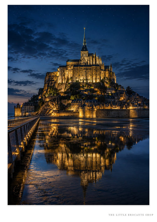 Mont Saint-Michel at Night – Illuminated Normandy Print | French Coastal Wall Art, French Country, Contemporary French, Classic European, Dark Academia, Heritage, Traditional, Modern Country, Moody Interior, Coastal, Rustic European, Contemporary wall artwork.