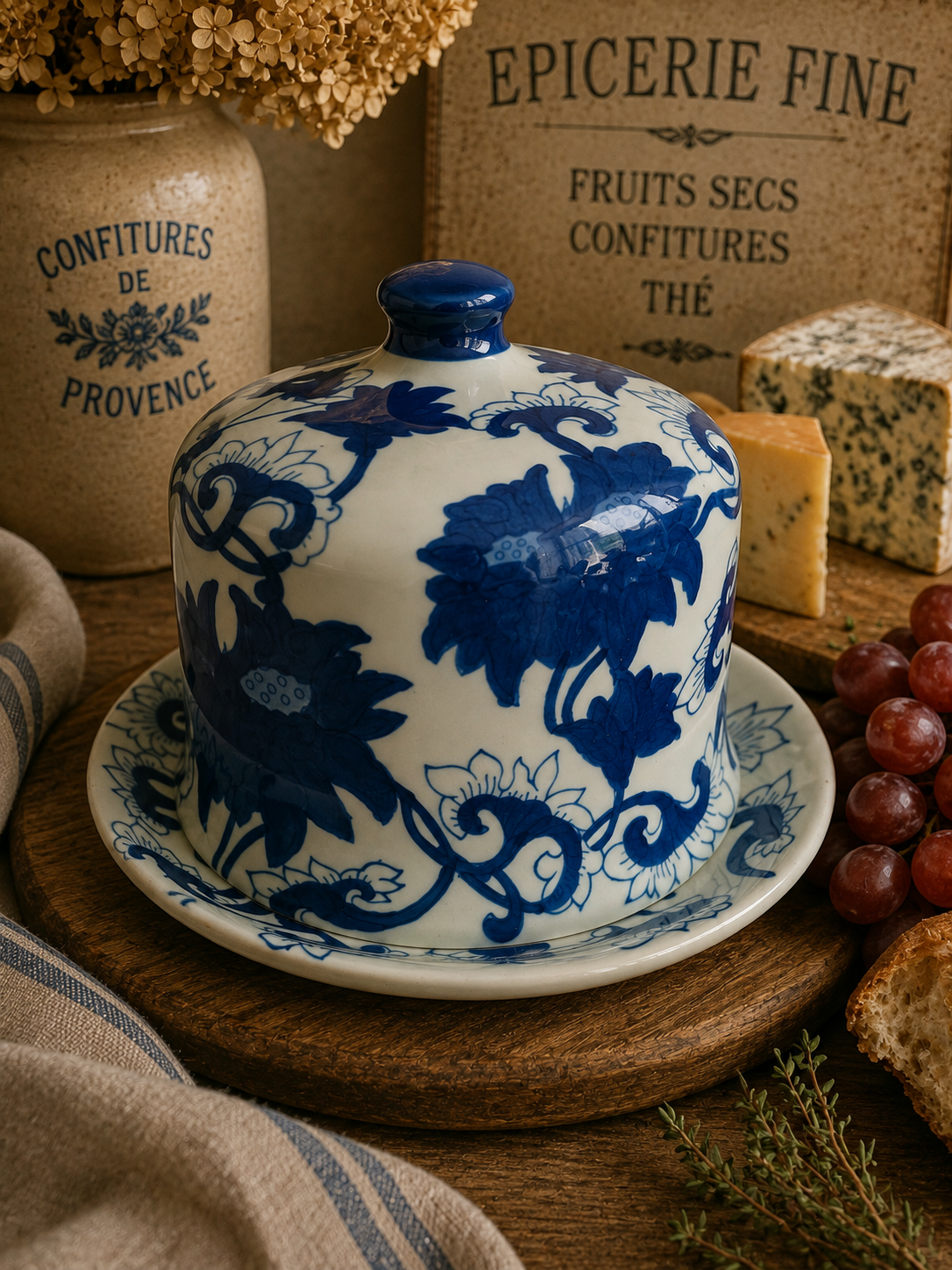 Antique Staffordshire Blue & White Cheese Dome & Plate – 19th Century Floral Cheese Cloche photograph 1