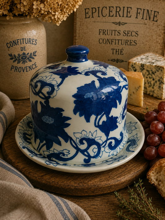 Antique Staffordshire Blue & White Cheese Dome & Plate – 19th Century Floral Cheese Cloche photograph 1