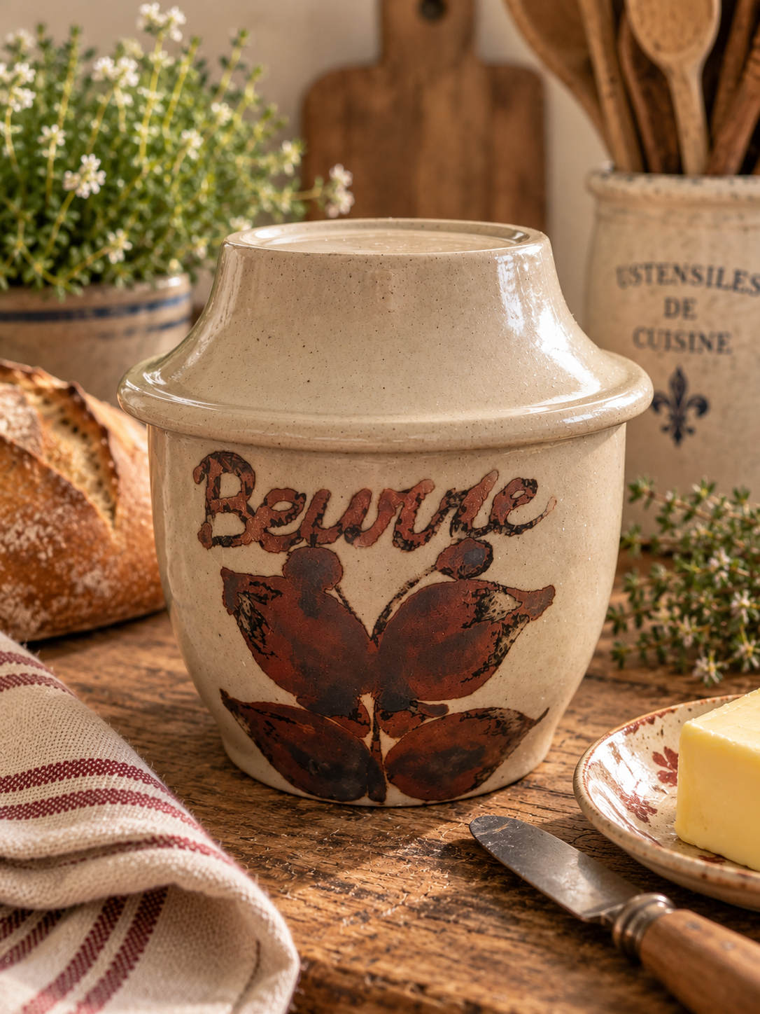 Vintage 1970s Grès de l’Arnon French stoneware Beurre butter keeper