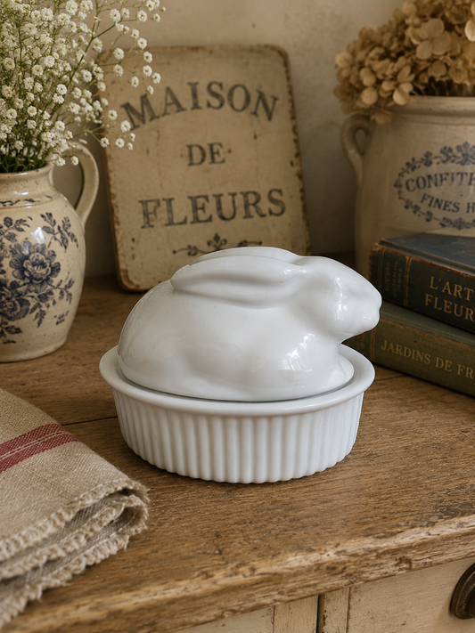 White Ceramic Rabbit Covered Terrine | French Country Kitchen Bunny Dish | Decorative Rabbit Pot photograph 1