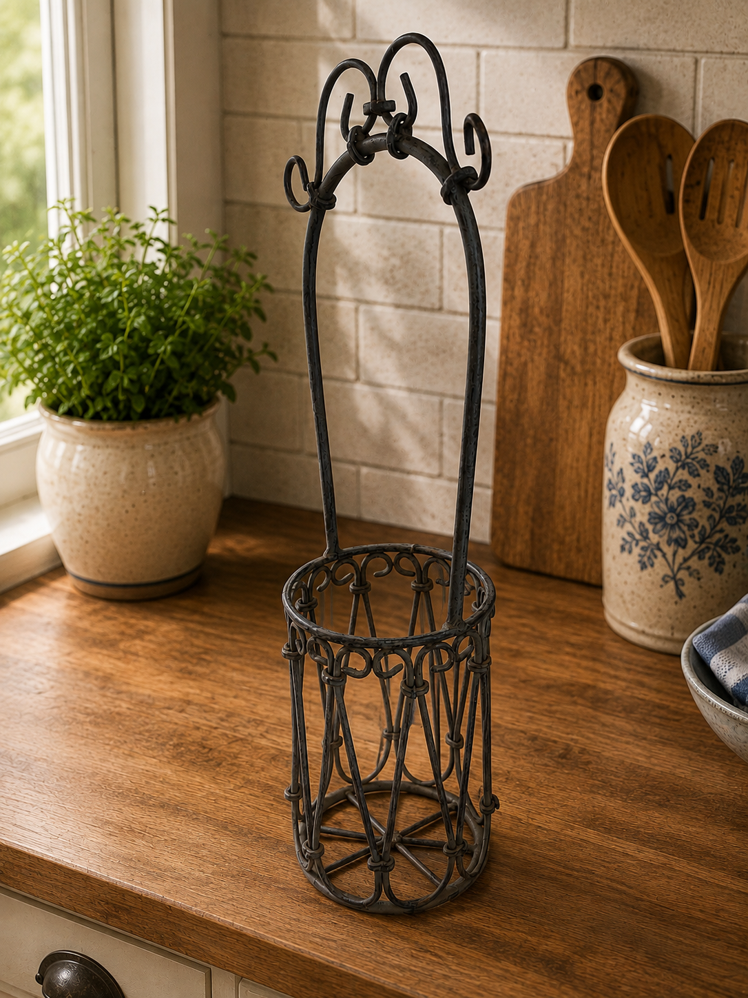 Vintage Wrought Iron Wine Bottle Holder | Rustic French Country Bottle Carrier photograph 1