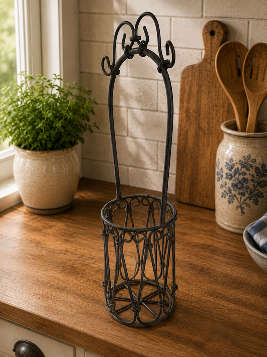 Vintage Wrought Iron Wine Bottle Holder | Rustic French Country Bottle Carrier photograph 1