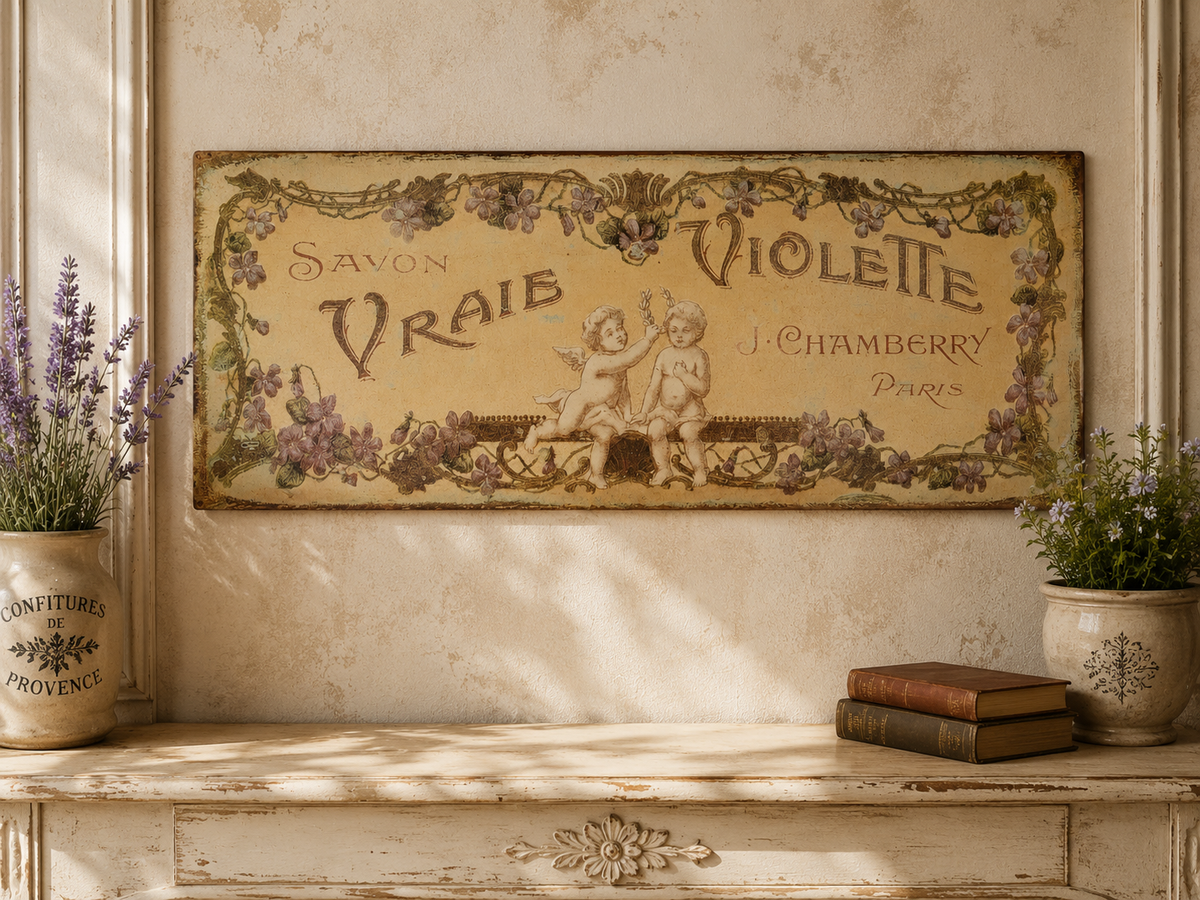 French Vintage Style Savon Vrai Violette Metal Sign – Violet Soap Advertising Wall Décor photograph 1