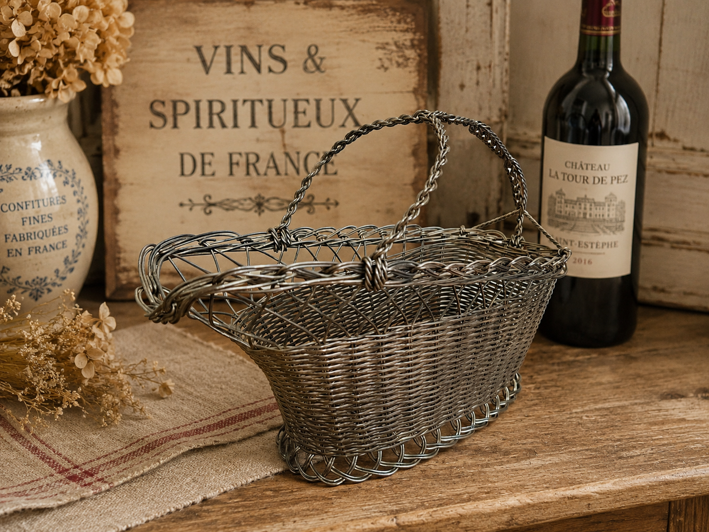 French Style Wire Wine Bottle Carrier Basket | Rustic Metal Bottle Holder | French Country Kitchen Decor photograph 1