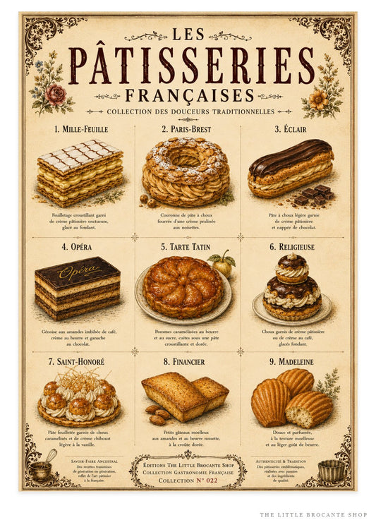 Les Pâtisseries Françaises | Vintage French Pastry Collection | French Bakery Kitchen Wall Art Print, French country wall artwork. – image 1