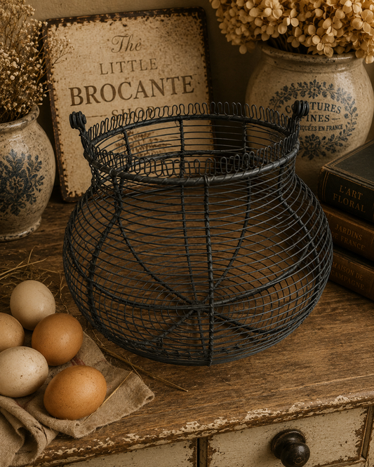 Vintage Black Wire Egg Basket with Folding Handle | French Farmhouse Kitchen Basket photograph 1