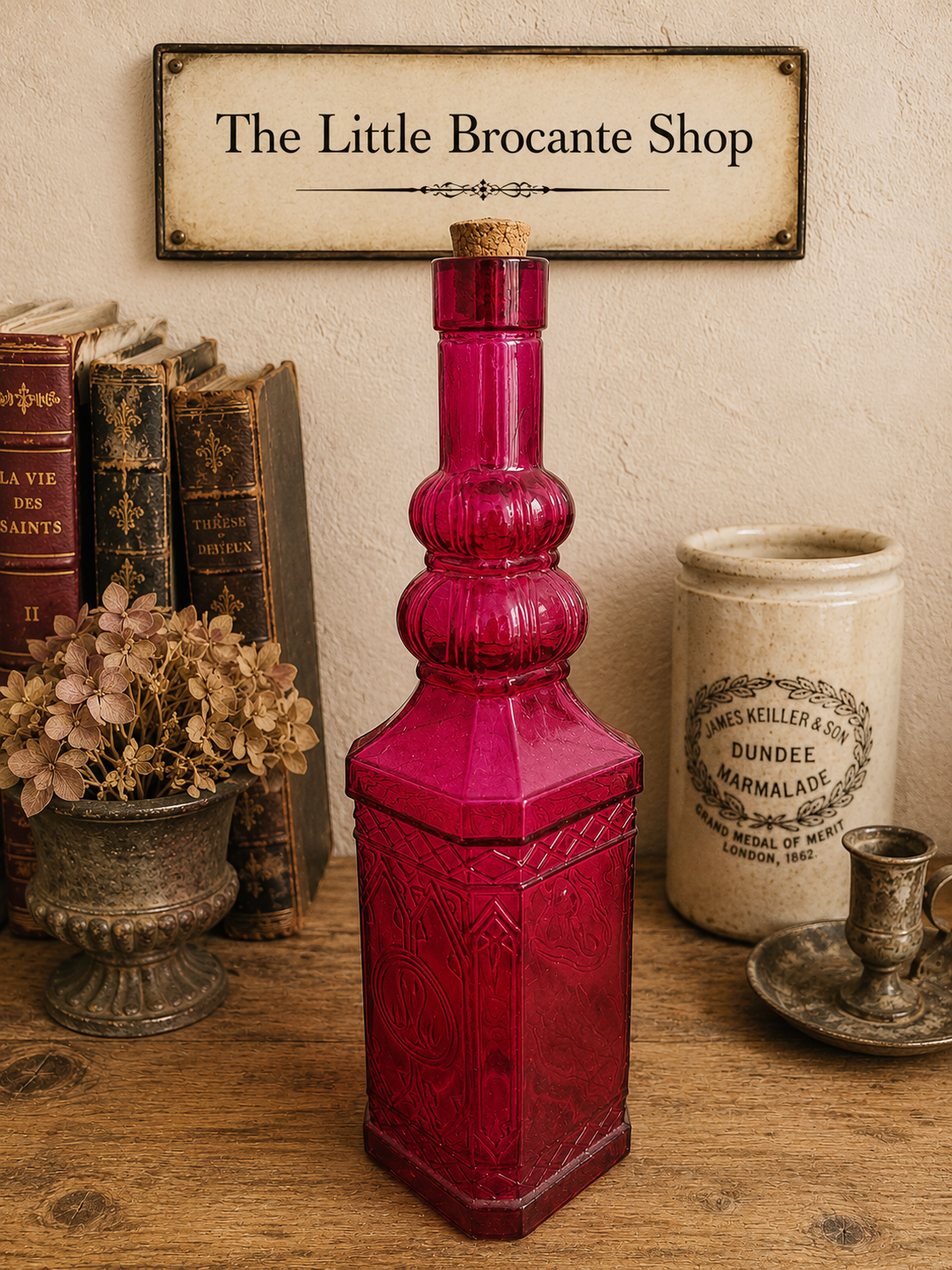 Pink Embossed Glass Decorative Bottle with Cork Stopper | Vintage Style Decanter photograph 1
