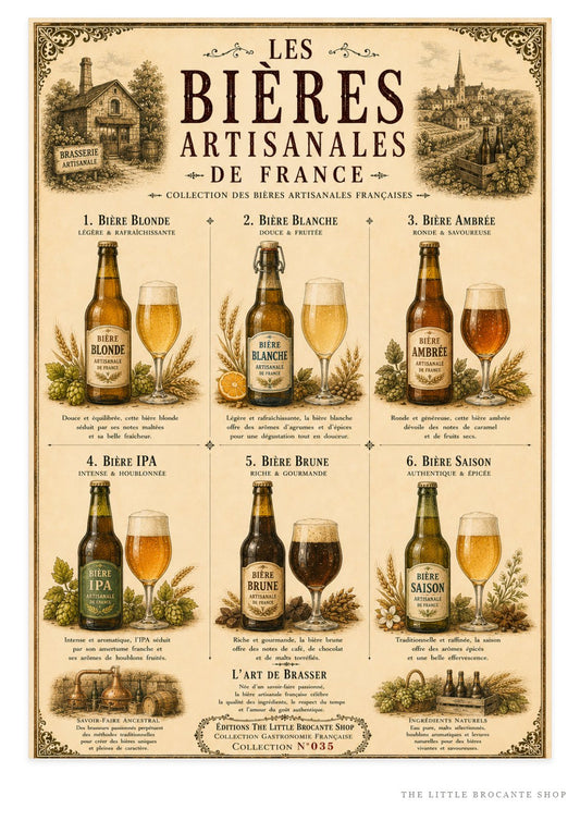 Les Bières Artisanales de France Vintage French Beer Print | Bar & Kitchen Wall Art, French Bistro, Vintage European, French Country, Rustic Farmhouse, Industrial Vintage, Traditional, Country House, Rustic European, Eclectic Vintage, Pub & Bar Style wall artwork.