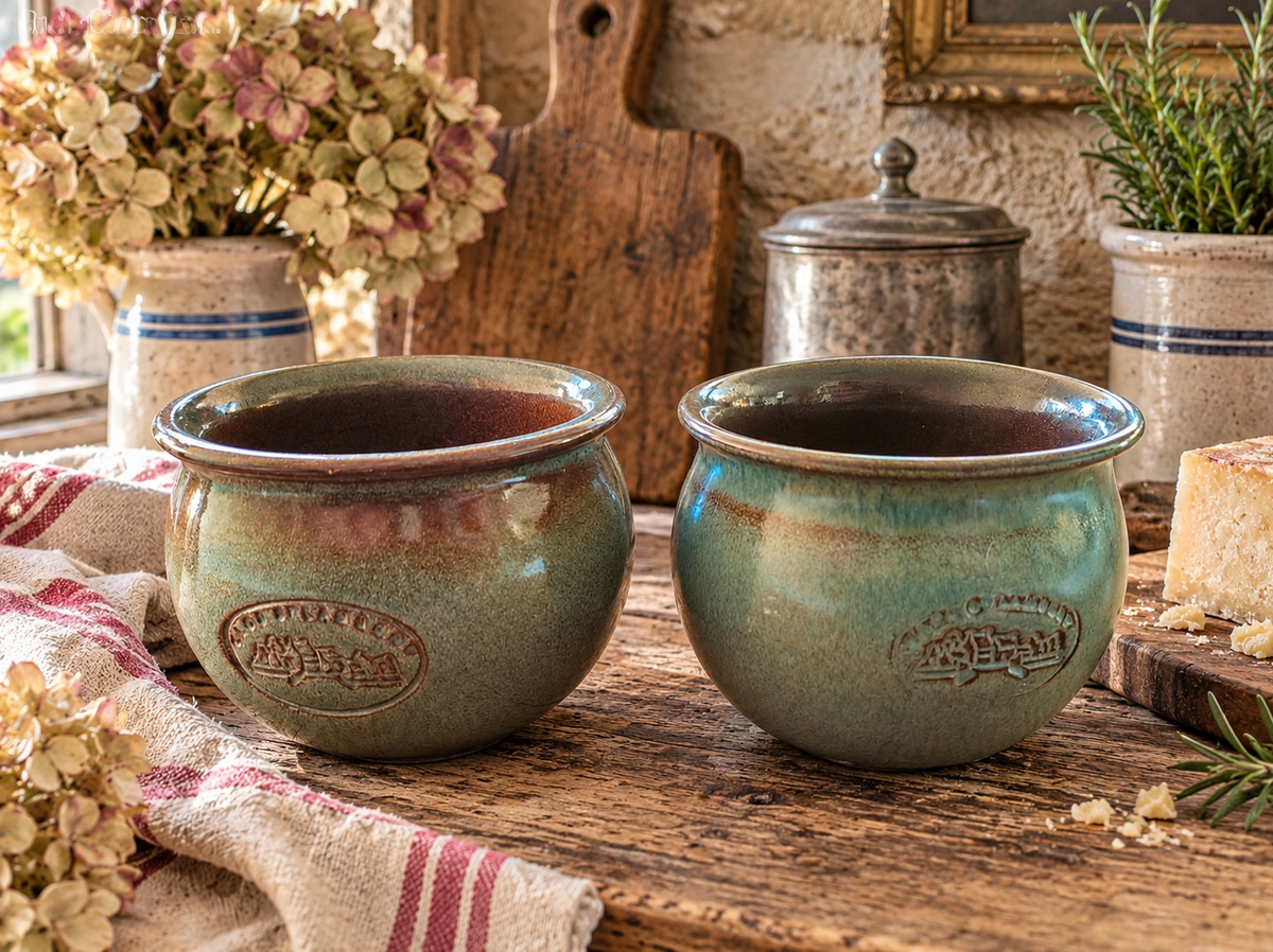 Vintage French Clos St Lambert Rillettes Pots – Pair of Green Stoneware Pinch Pots