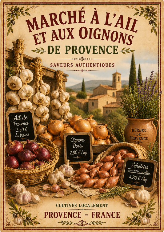 Marché à l'Ail et aux Oignons de Provence – Vintage French Garlic & Onion Market, French Country
Provence
Rustic Farmhouse
Brocante
Cottagecore
Mediterranean
Country Kitchen
Rustic Chic
Vintage European
Traditional
French Provincial
Old World
Continental
Farmhouse wall artwork.