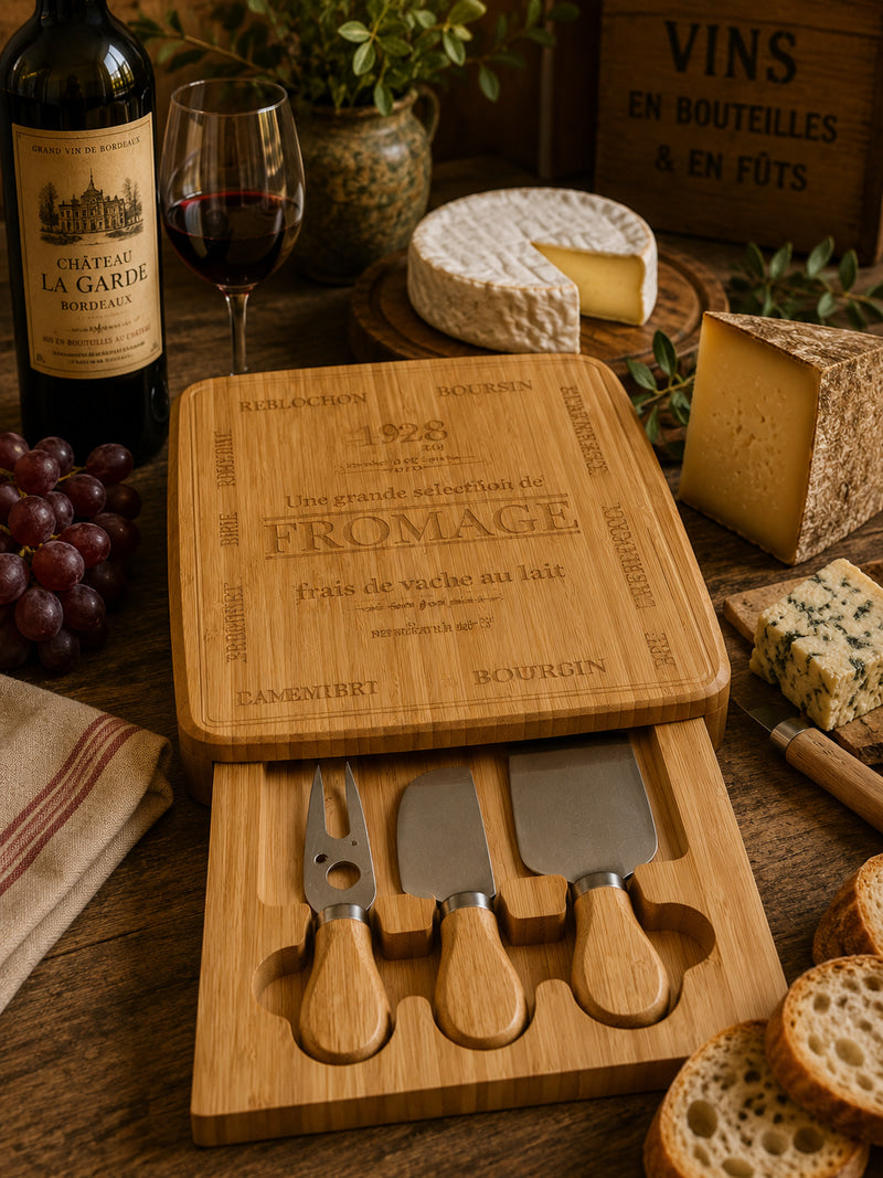 French Engraved Cheese Board & Knife Set – Sliding Drawer Serving Board photograph 1