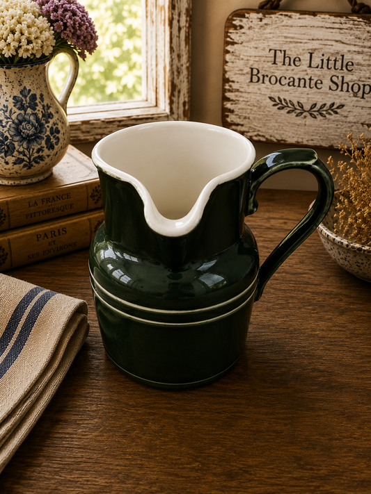 Vintage Pillivuyt France Green Ceramic Milk Jug | French Country Cream Pitcher | Rustic Farmhouse Kitchen photograph 1