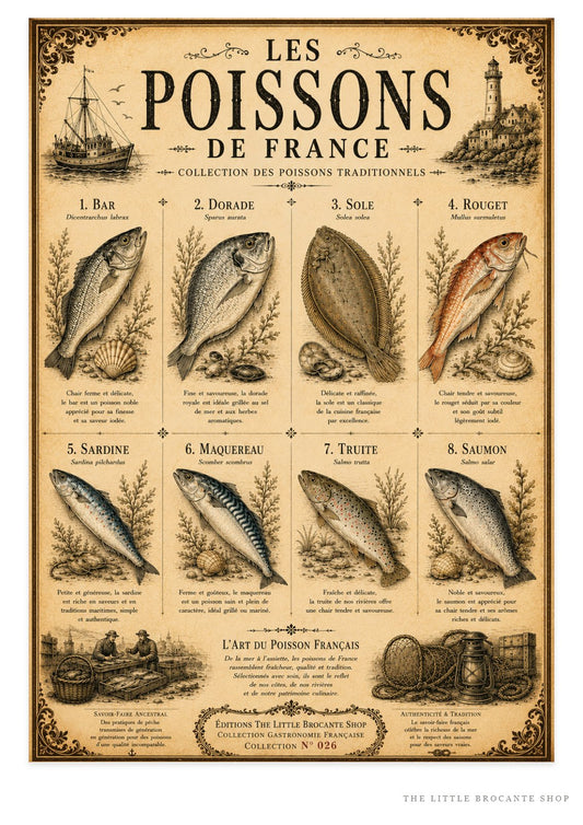 Les Poissons de France | Vintage French Fish Collection | Coastal Kitchen & Seafood Wall Art Print, French country wall artwork. – image 1