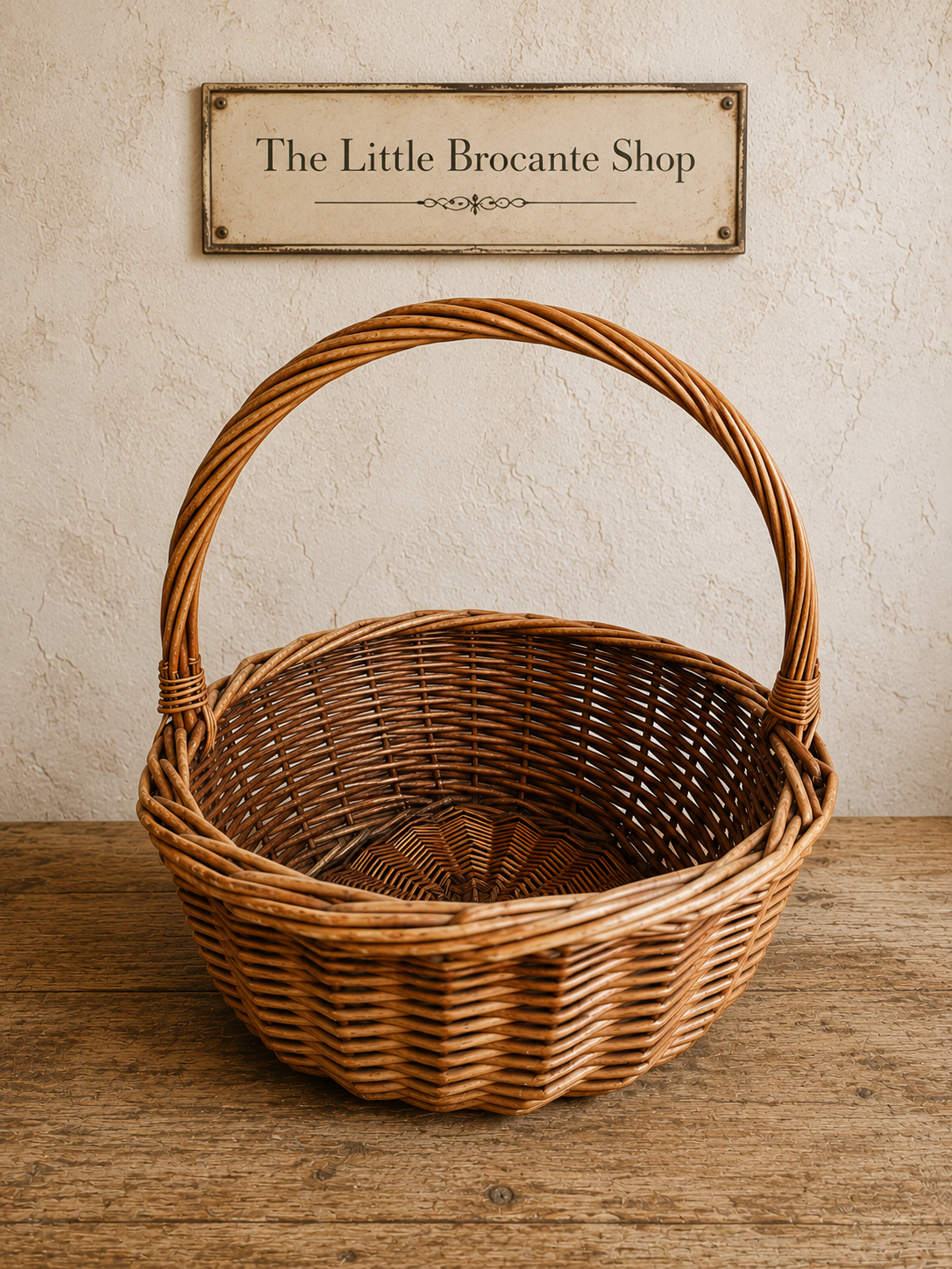 Vintage Round Wicker Gathering Basket | Rustic French Country Market Basket photograph 1