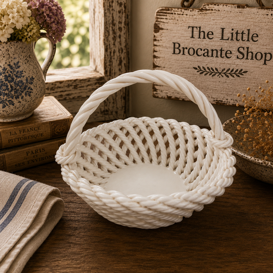 Vintage White Ceramic Woven Basket | Decorative French Country Fruit Basket | Cottage Farmhouse Centrepiece photograph 1