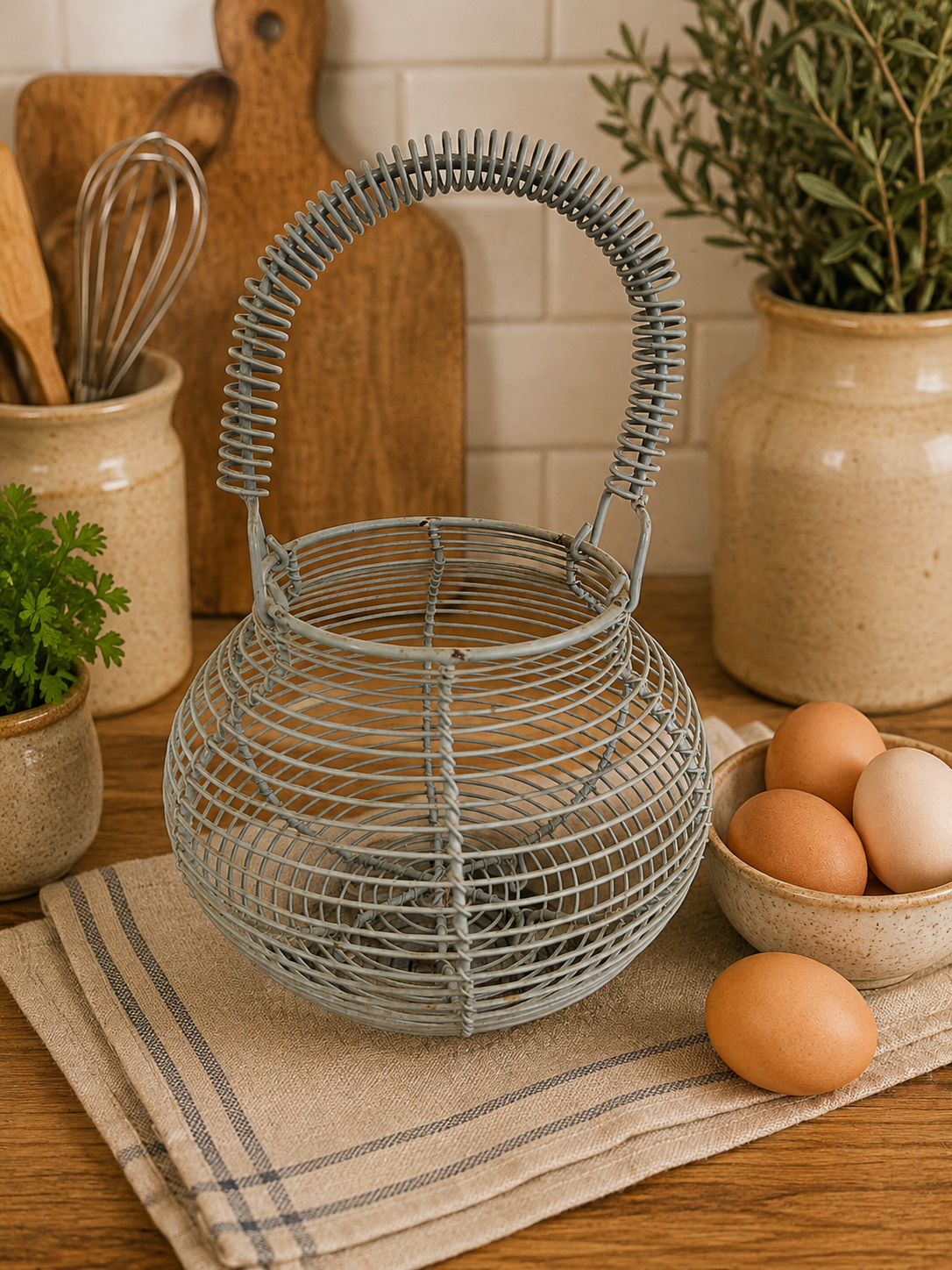 Vintage Wire Egg Gathering Basket – Blue Grey Farmhouse Egg Collecting Basket photograph 1