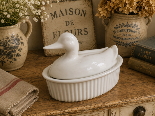 White Ceramic Duck Covered Terrine | French Country Kitchen Duck Dish | Decorative Ceramic Duck Pot photograph 1