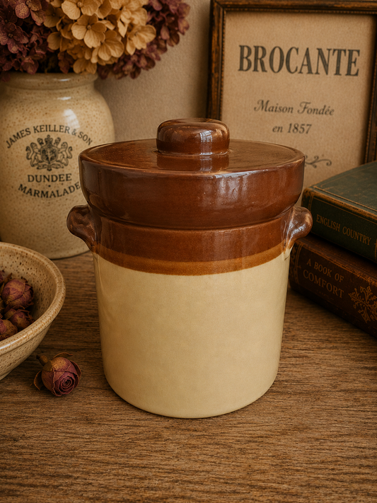 Vintage English Stoneware Lidded Storage Crock – Brown & Cream Country Kitchen Pot photograph 1