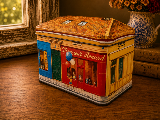 French Village House Metal Storage Tin | Confiserie & Antiquités Decorative Tin photograph 1