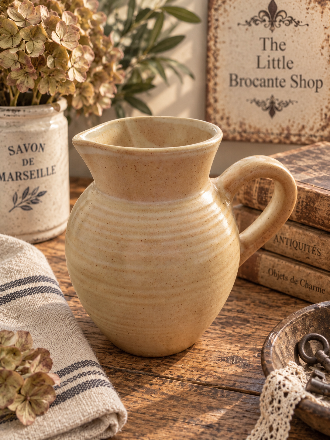 Vintage French Grès Stoneware Jug – Speckled Beige Rustic Pottery Pitcher