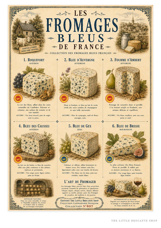 Les Fromages Bleus – Vintage French Blue Cheese Print | French Kitchen Wall Art, French Country, French Farmhouse, Vintage French, Brocante, Country Cottage, Rustic European, Traditional Kitchen, European Farmhouse, Provence Style, Cottagecore wall artwork.