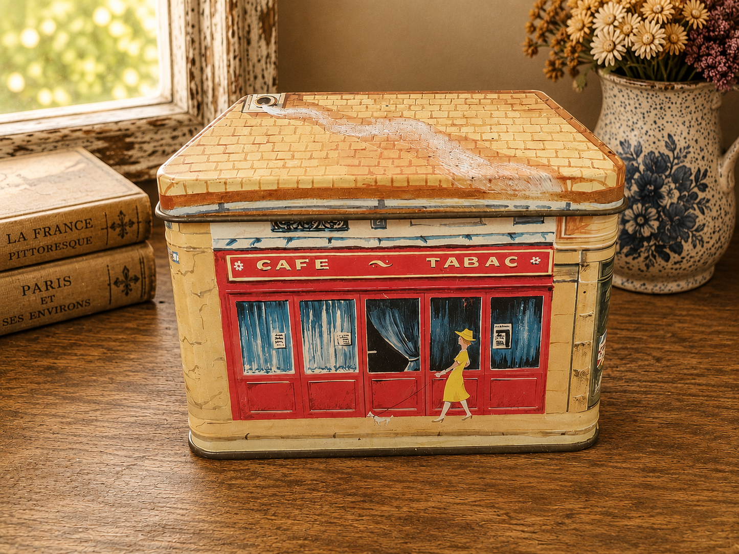 French Café Tabac Decorative Metal Storage Tin | Paris Street Scene Tea & Biscuit Tin photograph 1