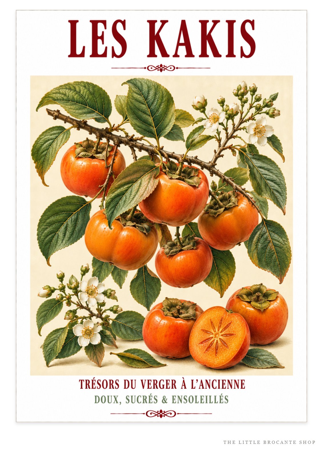 Illustrated French Persimmon (Sharon Fruit) Print | French Kitchen Wall Art, Illustrated French, Botanical, French Country, Orchard Inspired, Fruit Illustration, Mediterranean, French Kitchen, Country Kitchen, Cottage Style, Botanical Wall Art wall artwork.