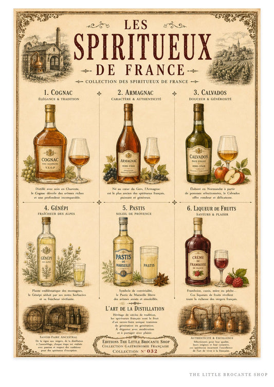 Les Spiritueux de France Vintage French Spirits Print | Bar & Kitchen Wall Art, French country wall artwork.
