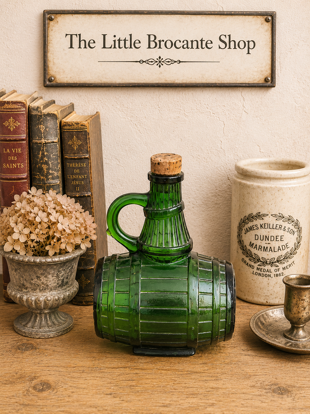Vintage Green Glass Barrel Decanter with Cork Stopper | Rustic Wine Bottle photograph 1