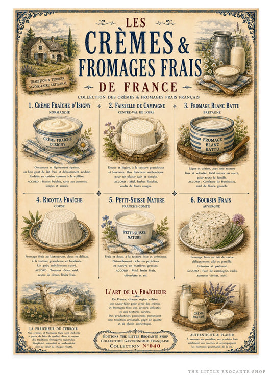 Les Crèmes & Fromages Frais – Vintage French Dairy Print | French Kitchen Wall Art, French Country, French Farmhouse, Cottagecore, Rustic Country, Traditional Kitchen, Brocante, Vintage, European Farmhouse, Provincial French, Country Cottage, Blue & White Kitchen wall artwork.