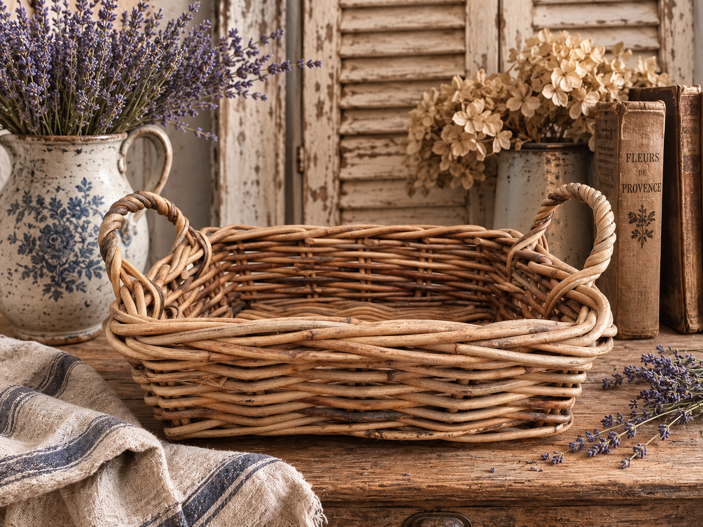 Vintage Rustic Handwoven Willow Basket with Twisted Handles | French Country Storage Basket photograph 1