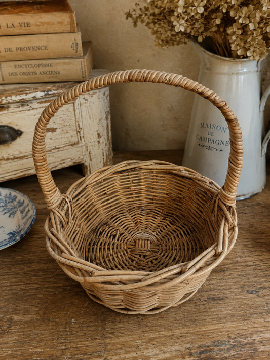 Vintage Handwoven Willow Basket with Large Handle | Rustic Country Storage Basket | French Farmhouse Decor photograph 1