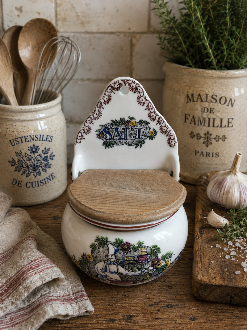 Vintage Aksini Denmark Wall Mounted Ceramic Salt Pot | Farmhouse Kitchen Salt Box with Wooden Lid photograph 1